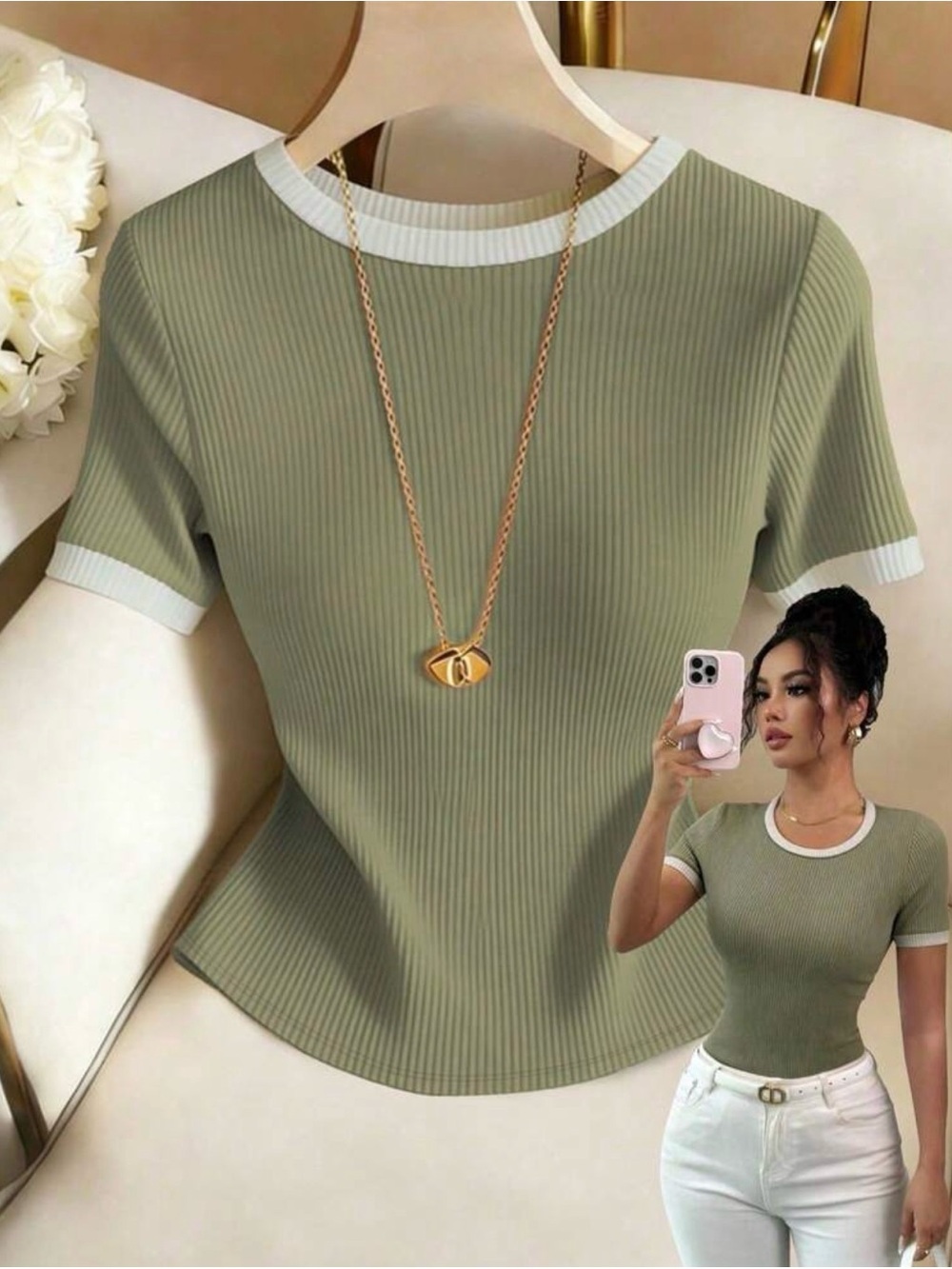 SHEIN Olive Green Ribbed Short Sleeve Tee with White Trim